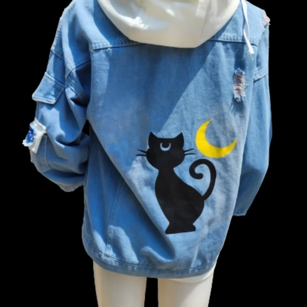 Cat Denim punk hoodie  jacket‎ L